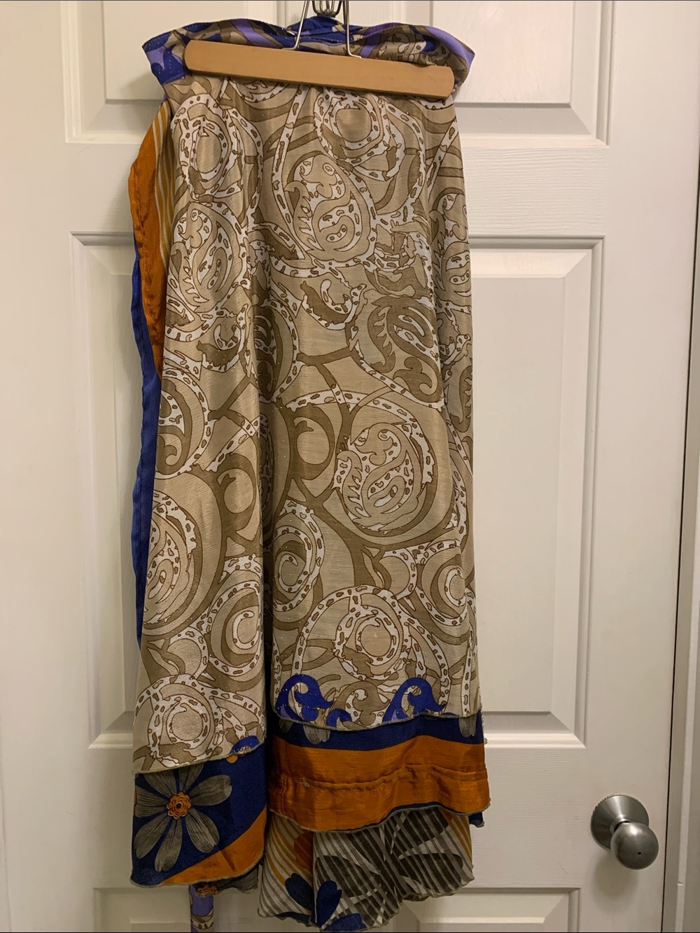 Beige Printed Maxi Skirt with Blue and Gold Accent Trim